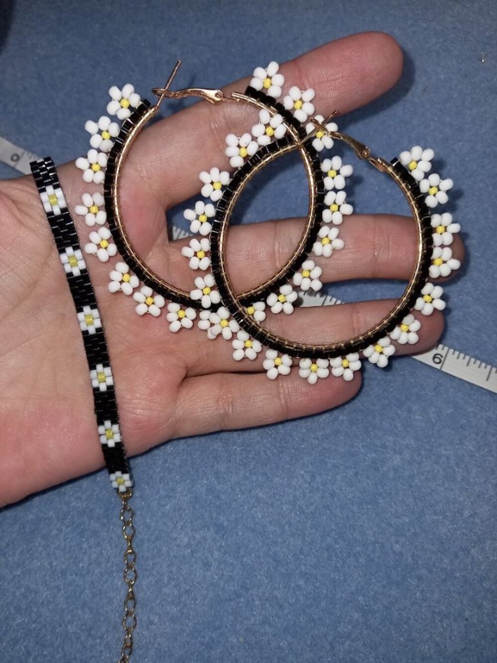 Handmade Beaded Daisy Hoop Earrings & Bracelet Set